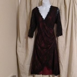 Great party dress.  Black lace over cranberry.